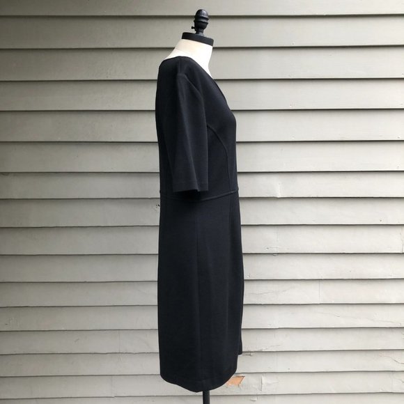 ST. JOHN Caviar Milano Knit Front Slit Split Neck Midi Length Black Sheath Dress - Picture 10 of 16